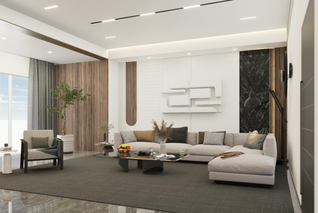 Elegant modern living room design with neutral color palette, contemporary furnishings, and natural light.